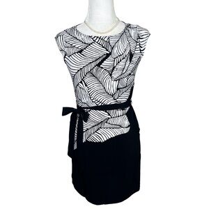 LOFT Palm Leaf Dress Sheath Cap Sleeve Belted Black White 0P Petite Ann Taylor